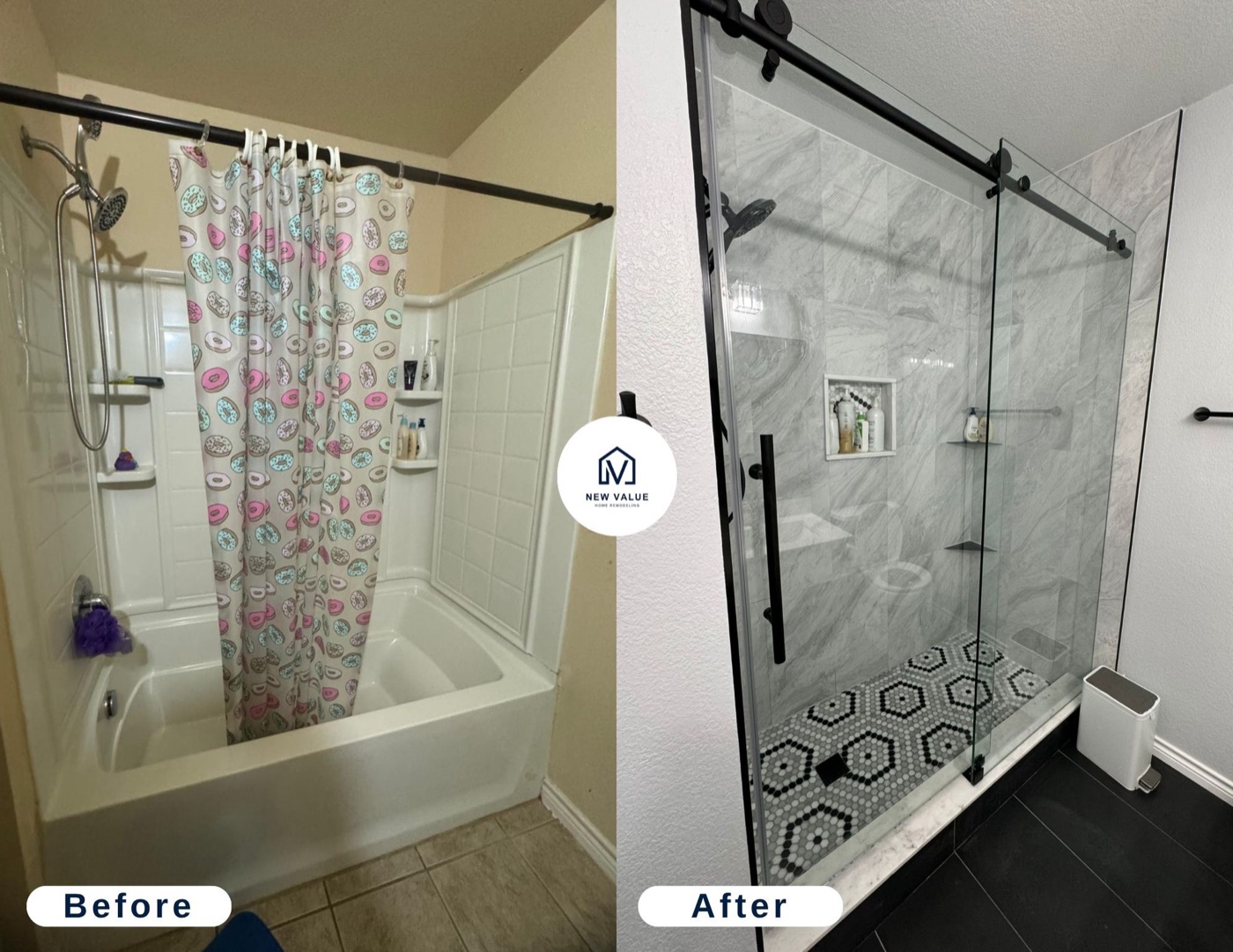 Bathroom before and after — tub-to-shower conversion with marble tile and glass enclosure