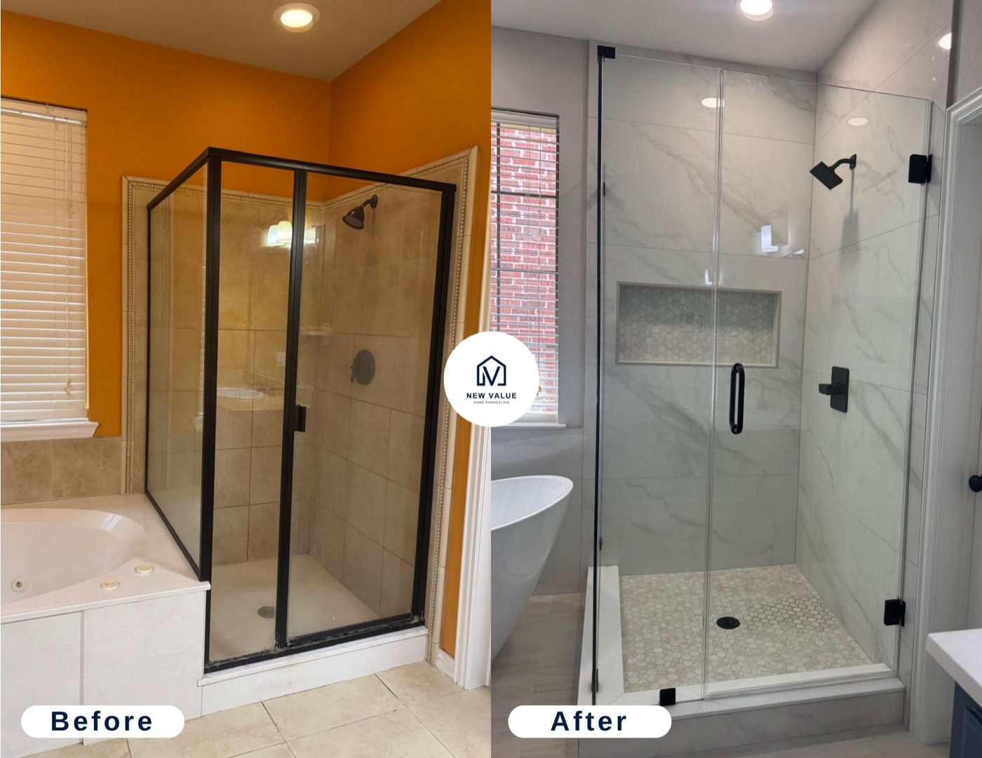 Master bathroom before and after — walk-in marble shower with freestanding soaking tub
