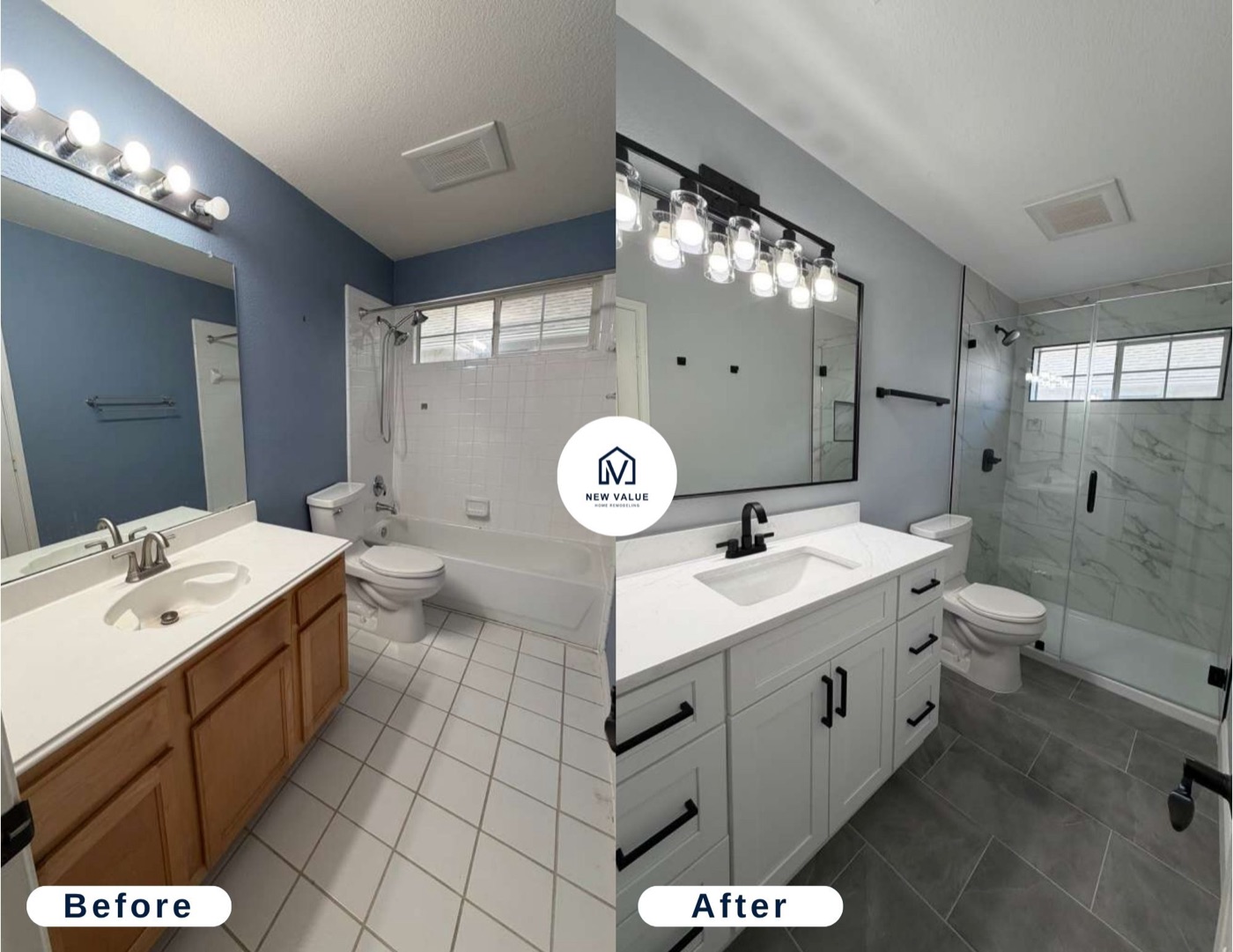 Full bathroom before and after — new vanity, lighting and walk-in shower