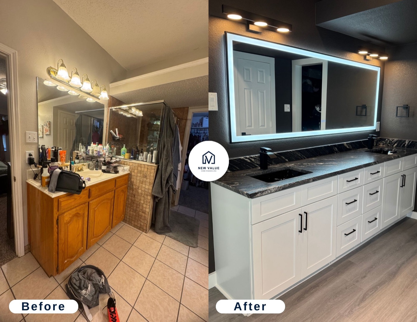 Bathroom vanity before and after — white cabinets, quartz counter and LED mirror