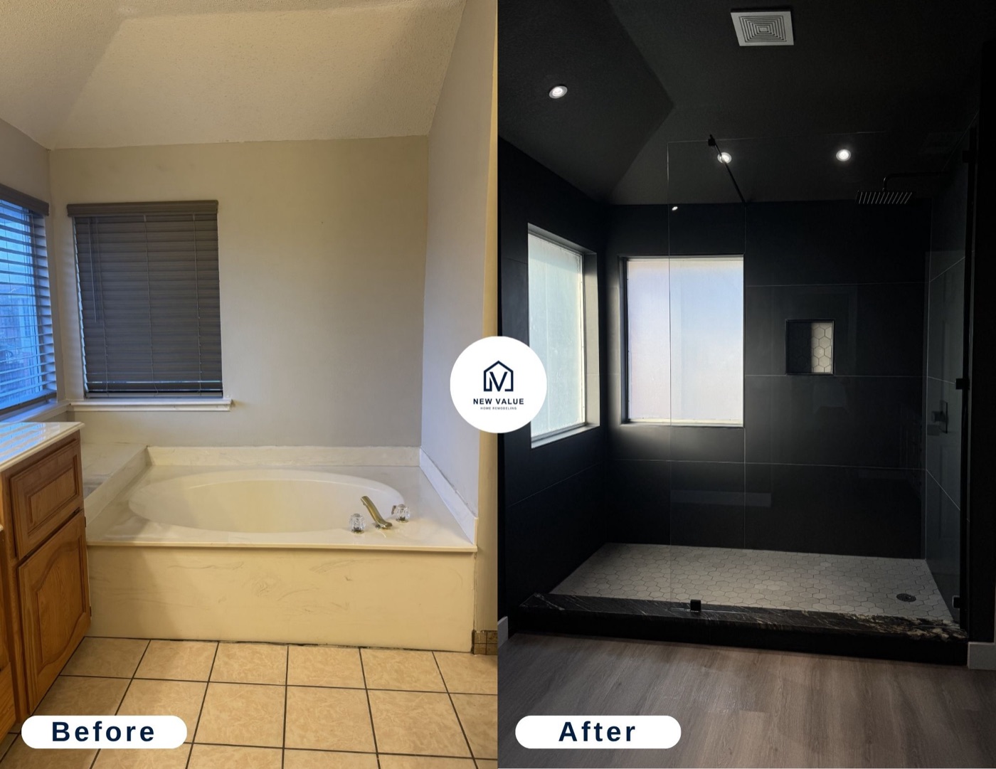 Bathroom before and after — modern black-tile walk-in shower