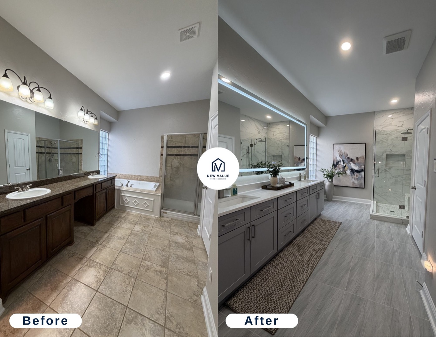 Master bathroom before and after — double vanity and spa-style shower